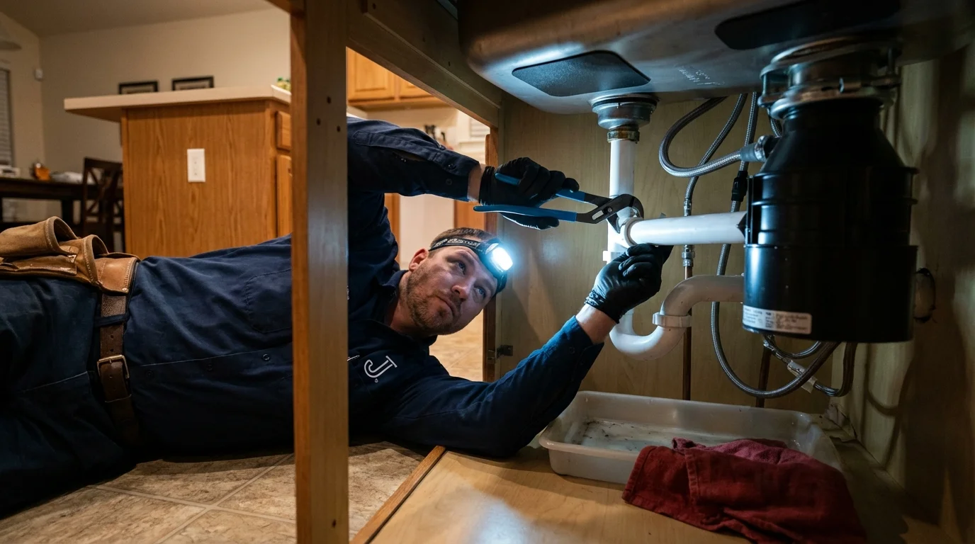 P-trap and supply line connections under a kitchen sink showing a common leak point in Norwalk, CA